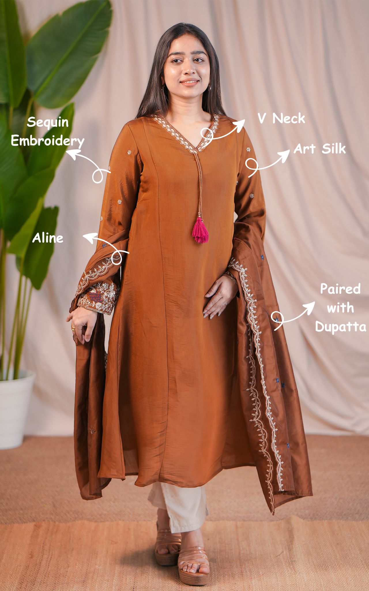 Brown Art Silk A-Line Kurti with Sequin Embroidered Dupatta