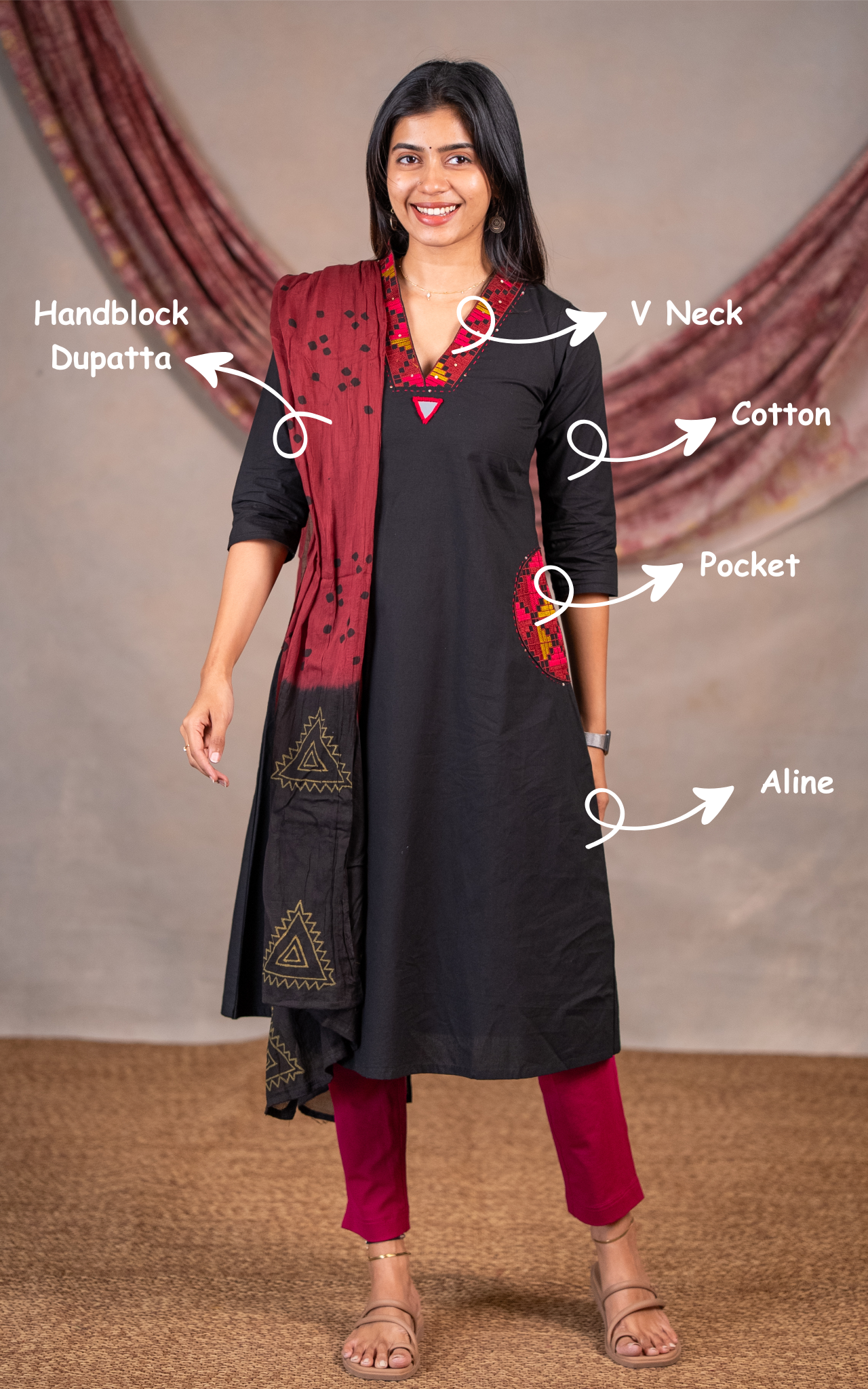 Stylish Black Cotton Kurti with Thread Embroidery and Handblock Dupatta – Perfect for Daily Wear, Vacation Wear and Work Wear
