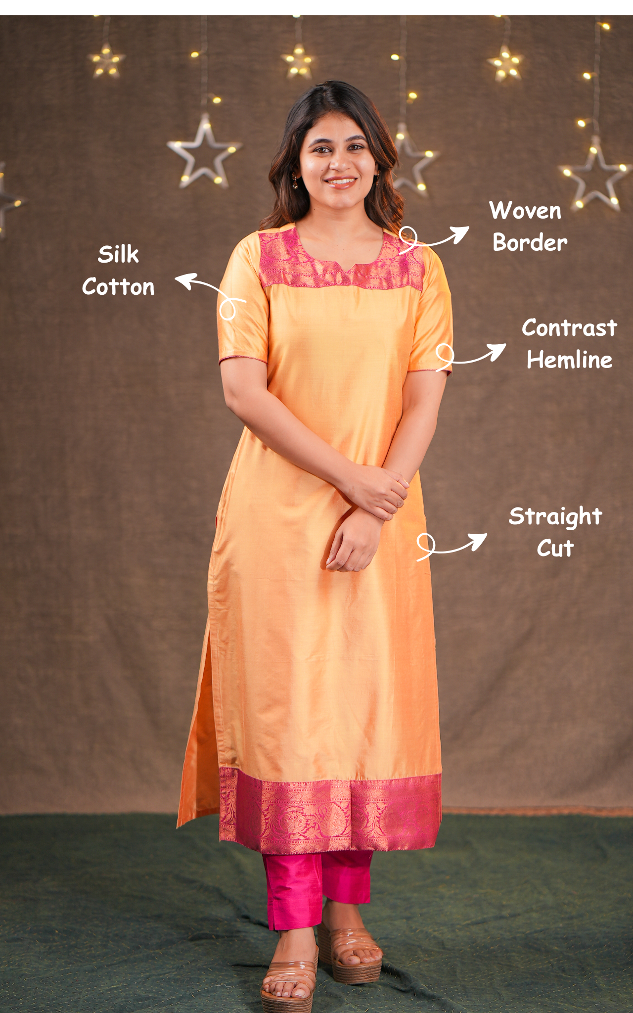 Instore - Sandal Color Silk Cotton Straight Cut Kurti with Side Slit Featuring a Contrast Woven Border and No Lining