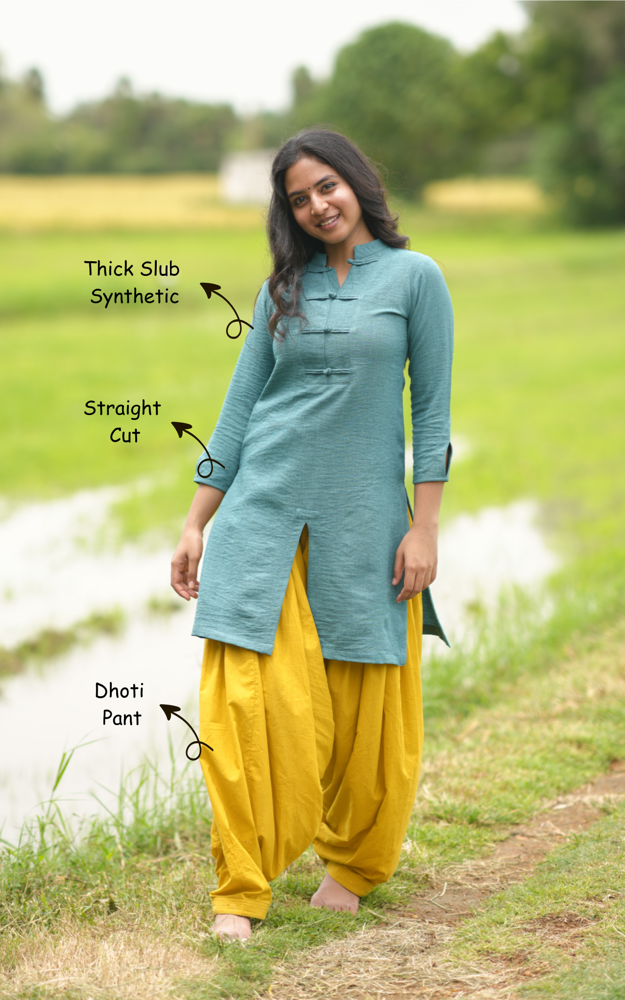 Mustard dhoti pants with teal kurti styled after Bhavana’s Jayam Kondan song look – Suttri Varum Boomi