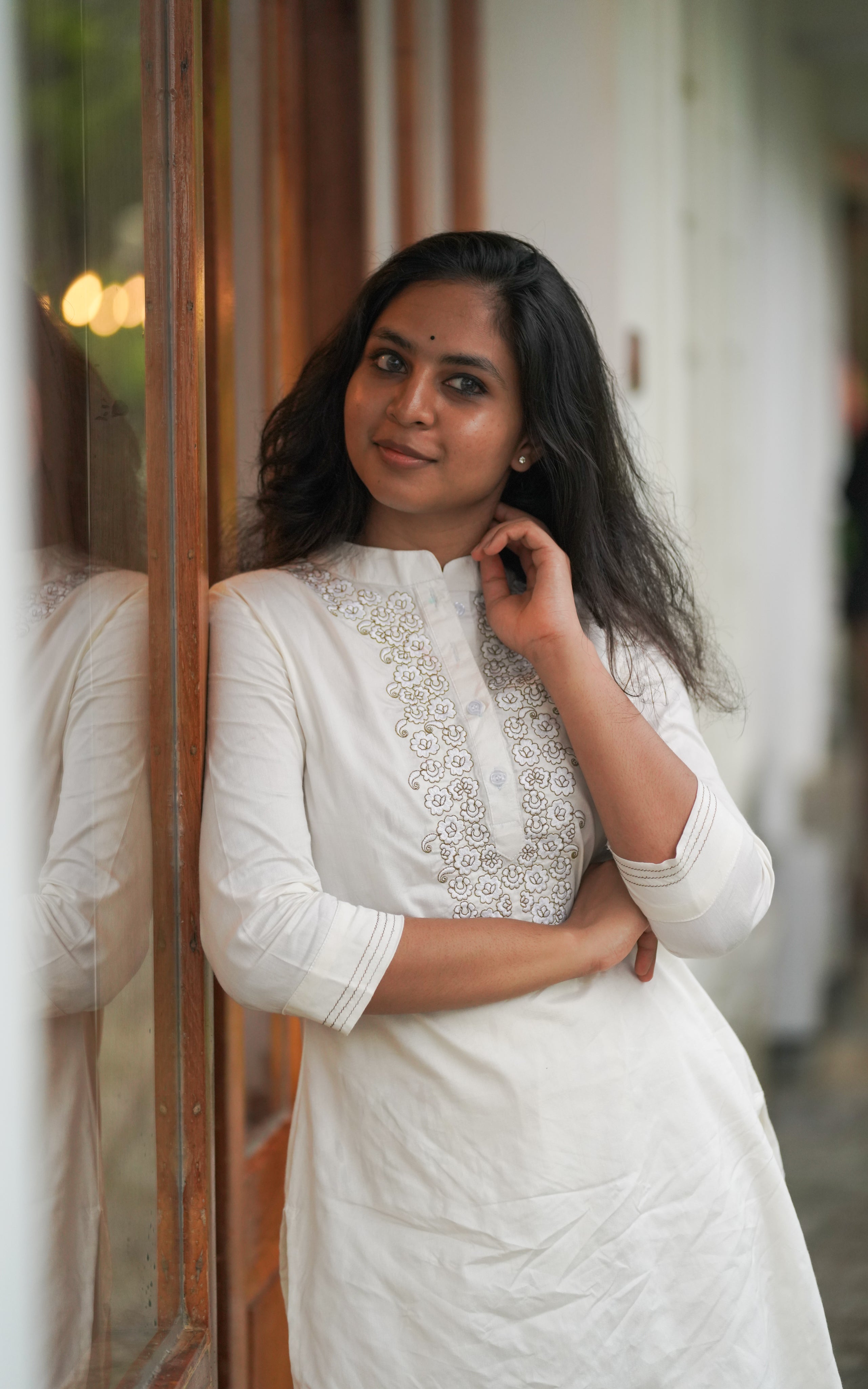 Instore - Off white color art silk short kurti with zari embroidered chinese collar & matching plazo pant