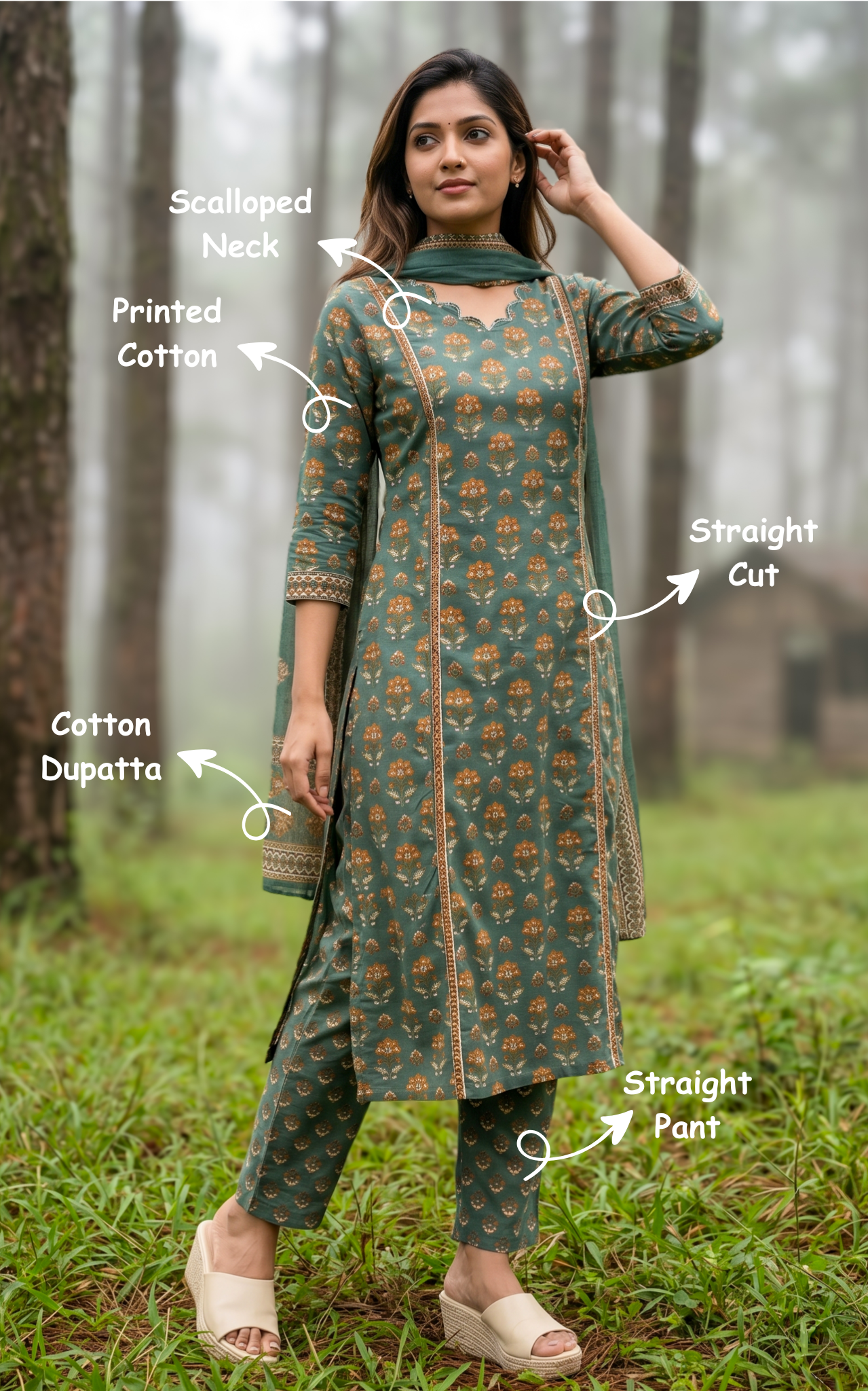 Instore - Green Printed Cotton Straight Cut Kurti with Side Slit, Straight Pant with Side Pocket & Cotton Dupatta, No Lining